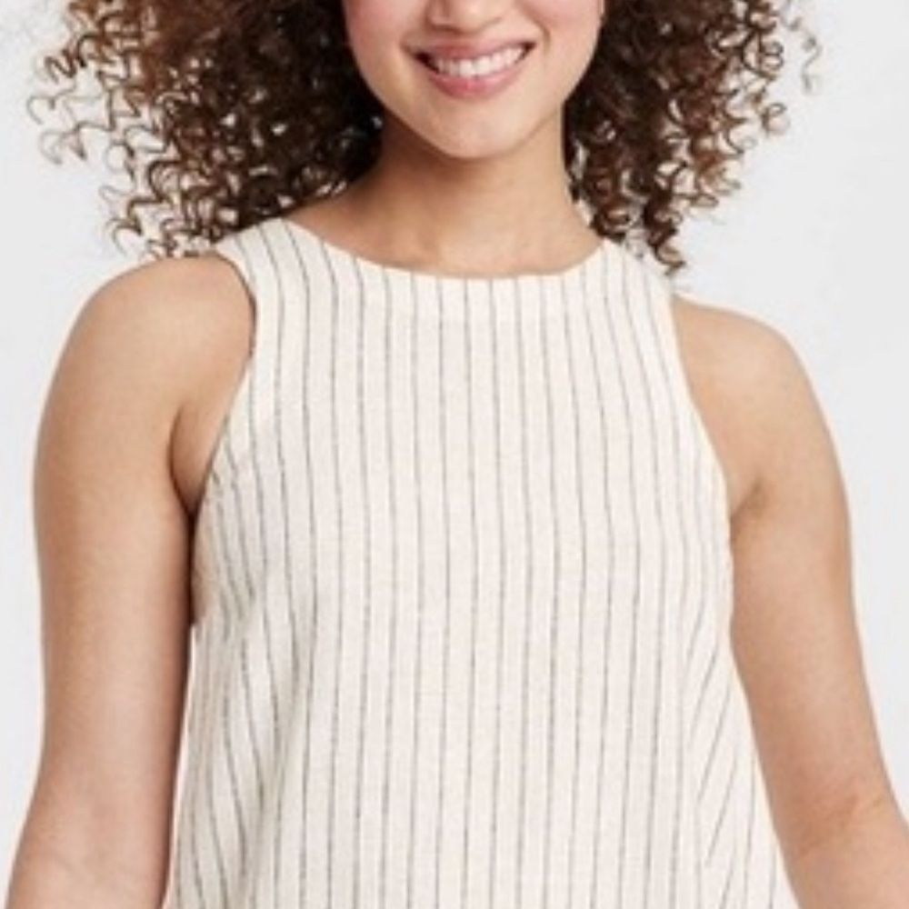 NWOT SZ XXL PINSTRIPE Linen Mini Shift Dress - Picture 2 of 6